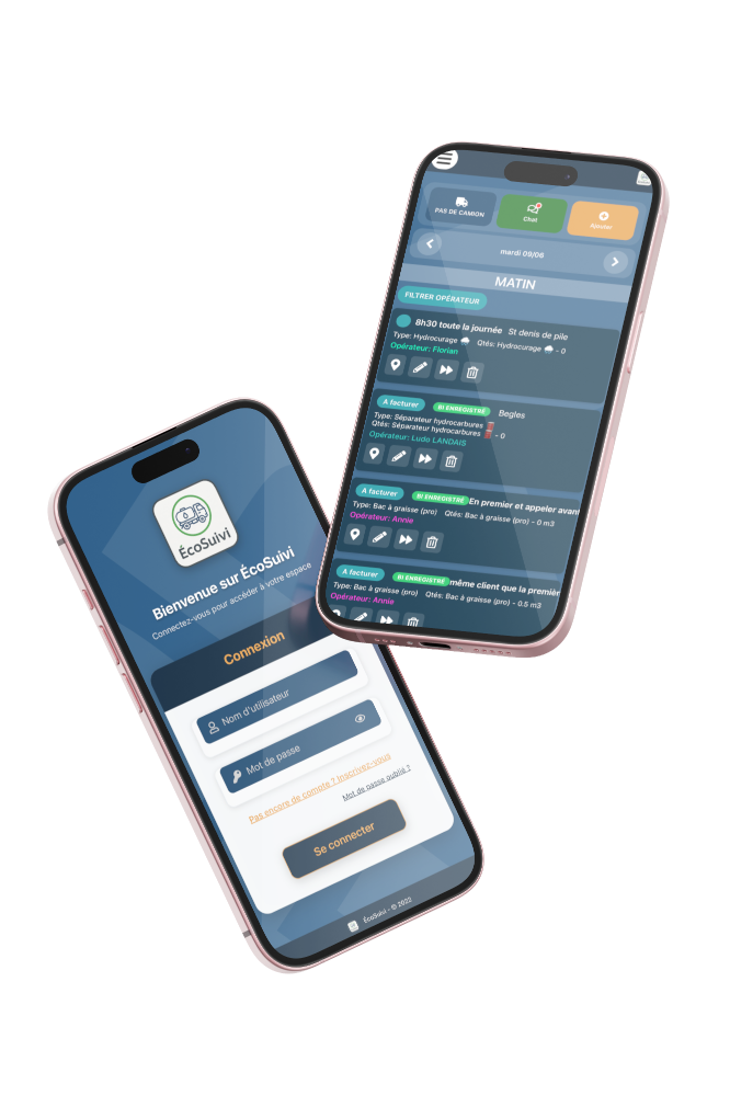 Capture d'écran de l'application mobile ÉcoSuivi pour techniciens assainissement